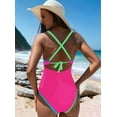 thumbnail image 6 of Women's Swimsuit Tummy Control Deep V Neck Neon Colorblock Swimwear Rose Red L, 6 of 8
