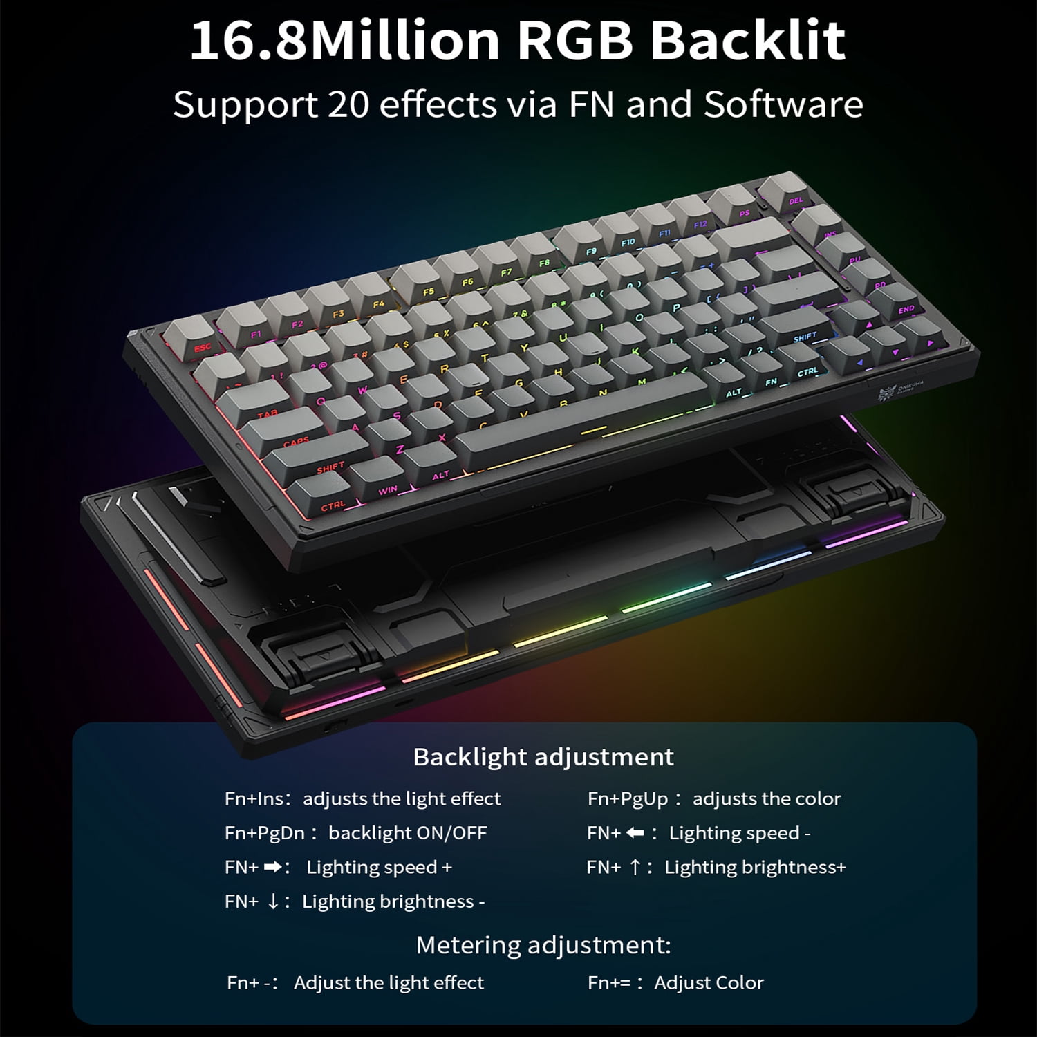 ONIKUMA G83 Backlit Keys 75% Layout Tri-Mode Bluetooth 5.0/2.4GHz/USB-C Gaming Keyboard with User Manual, Black