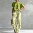 thumbnail image 2 of Cozy Loose-Fit Striped Linen Two-Piece Set, Casual Shirt & Classic Wide Leg Pants Outfit, Women Summer Travel Suit XXL, 2 of 5