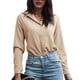 thumbnail image 1 of Camisa de trabajo cómoda de color puro, fibra de poliéster suave para mujer, blusa de manga larga con cuello en V de color caqui, 1 of 6