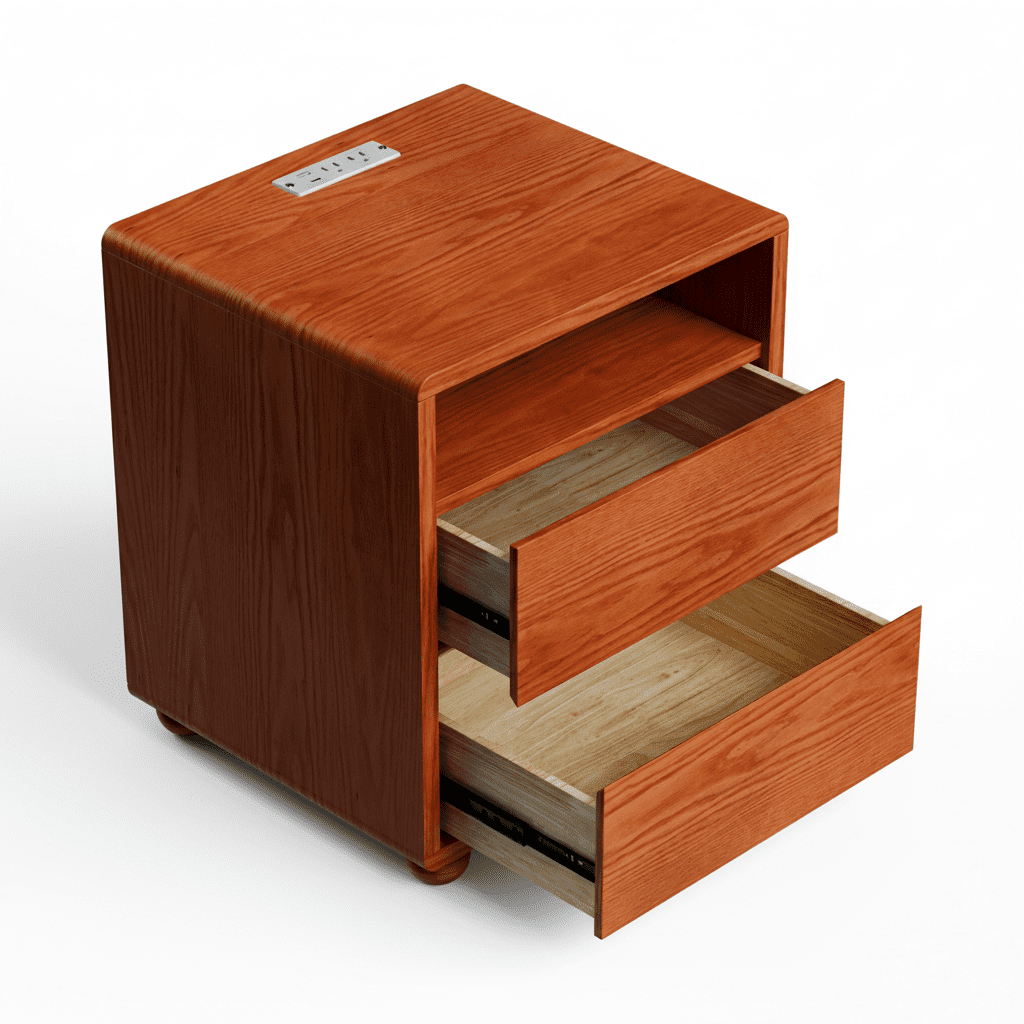 20"Modern Nightstand with 2 Drawers And Shelves Solid Wood Night Stand with Charger Station Mid Century Bedside Table Curved Wood Side Table