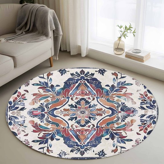 Boho Navy Blue Round Area Rug 4 FT, Non Slip Indoor Outdoor Rug, Vintage Southwestern Geometric Art Washable Soft Circular Carpet Non-Shedding Floor Mat for Coffee Table Nursery Foyer Balcony