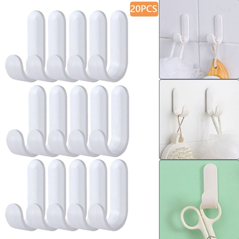 Alexsix 20pcs Self-Adhesive J-Shaped Plastic Wall Hooks Waterproof Perforation-Free, Size: Large