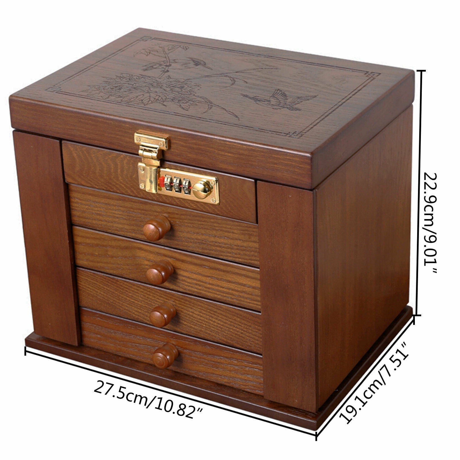 Wooden Jewelry Box Organizer With Combination Lock Lockable Large Dresser Top Jewelry Storage Container