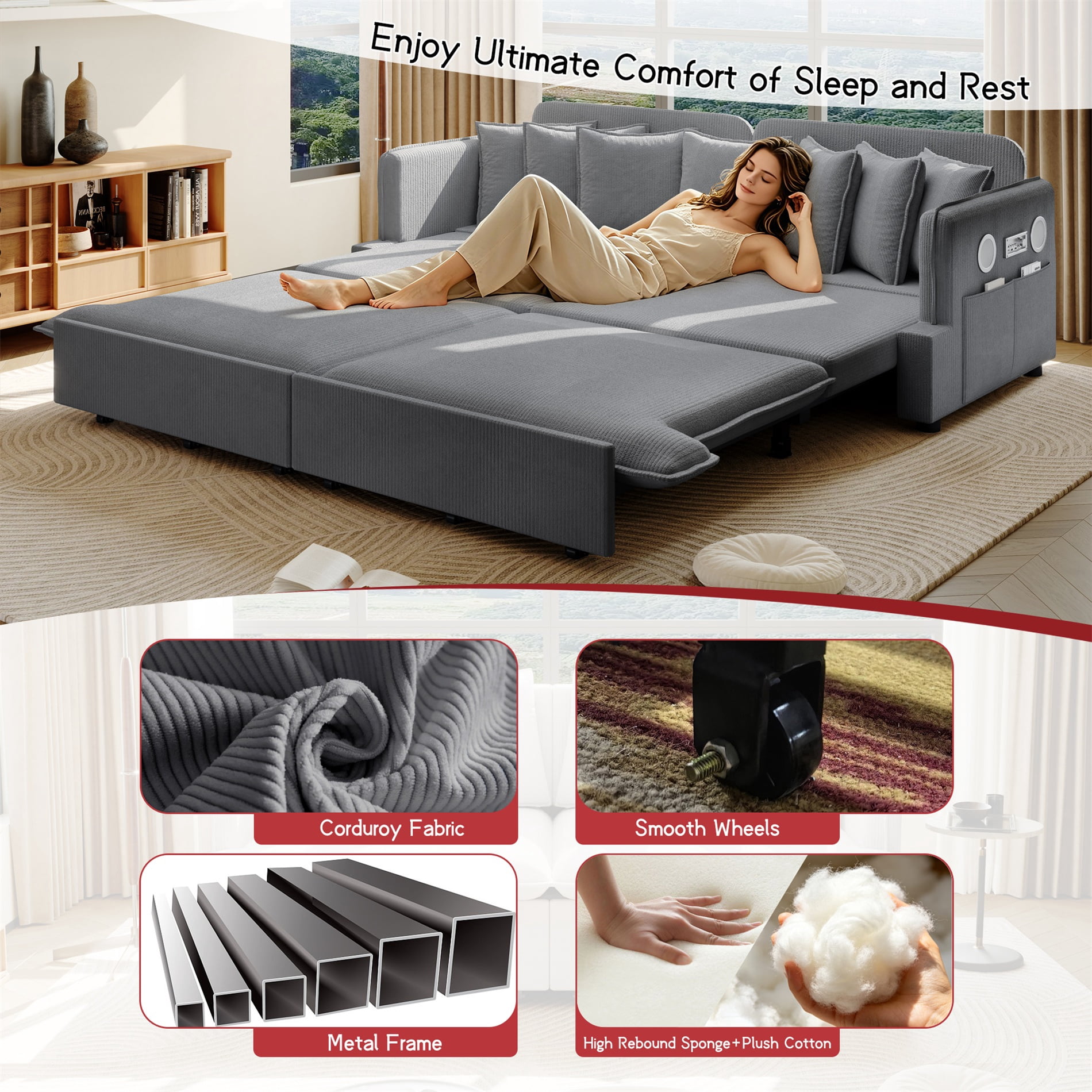 Alvantor 3 in 1 Convertible Sleeper Sofa Bed, 82" W Pull Out Sofa Bed with Bluetooth Speakers, USB Ports for living room, Apartment, Grey