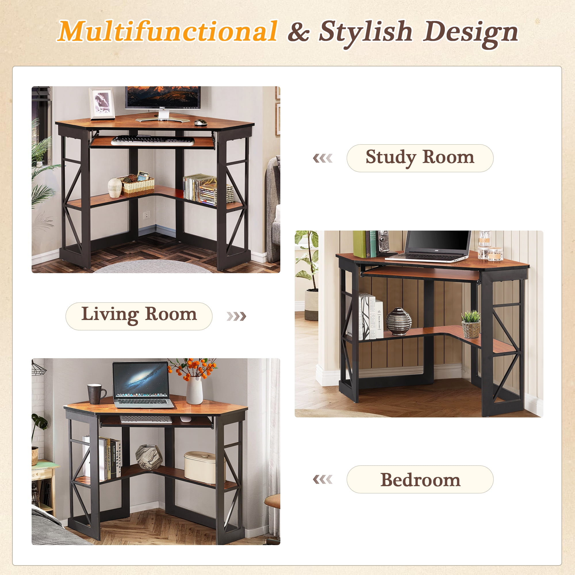 VECELO Corner Computer Desk with Keyboard Tray and Storage Shelf, Student Study Writting Table Workstation for College Dorm Apartment Home Office, Brown (90 Degrees)