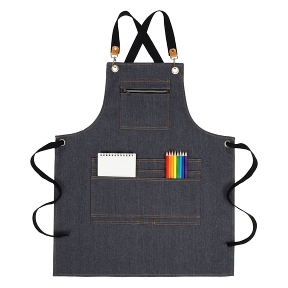 Unique Bargains Aprons with Pockets Adjustable Long Waist Cooking Apron Durable Black