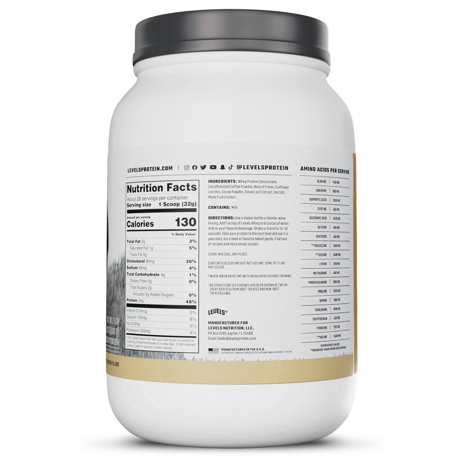 Levels Grass Fed Whey Protein Powder, No Artificials, 24G of Protein, Cappuccino, 2LB