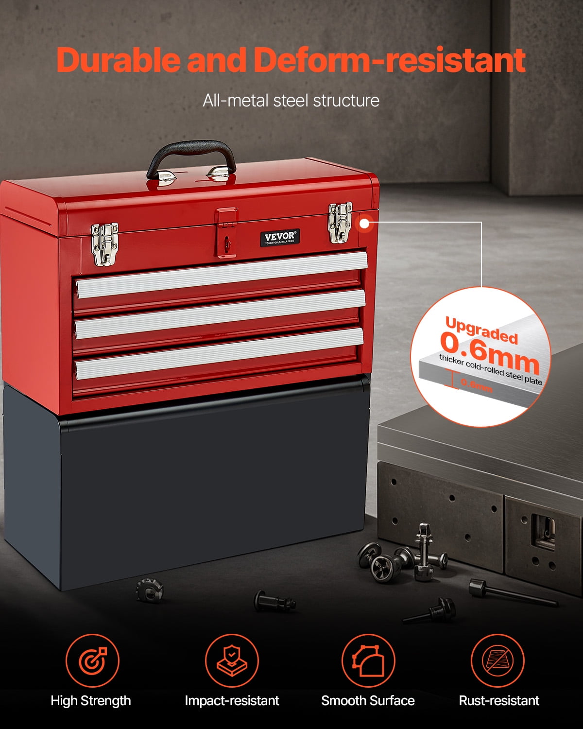 VEVOR Metal Tool Box, 20.5-inch, Portable Metal Tool Box with 3 Drawers, Small Tool Chest with EVA Liners,Ball Bearing Slide Drawers Locking & Powder Coated Finish,Multi-Function Tool Organizer,Red