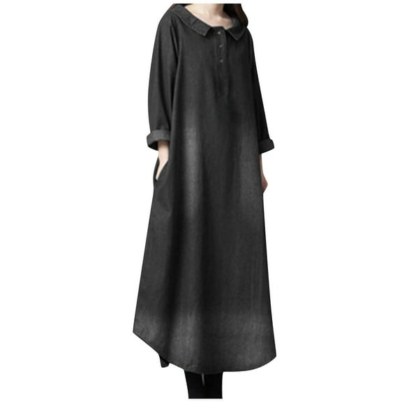 Women's Summer Plus Size Dress Women's Loose Fashionable Comfortable Cotton Denim Shirt Skirt,Black,XL