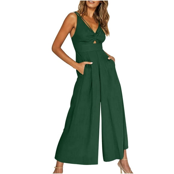 Summer Jumpsuits for Women Casual V Neck Cutout Sleeveless Adjustable Strap Wide Leg Rompers Playsuit with Pockets Green