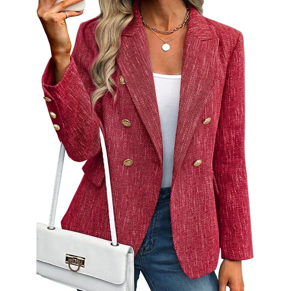 Women'S Blazer Business Casual Long Sleeve Double Breasted Jackets Open Front Work Suits Red L