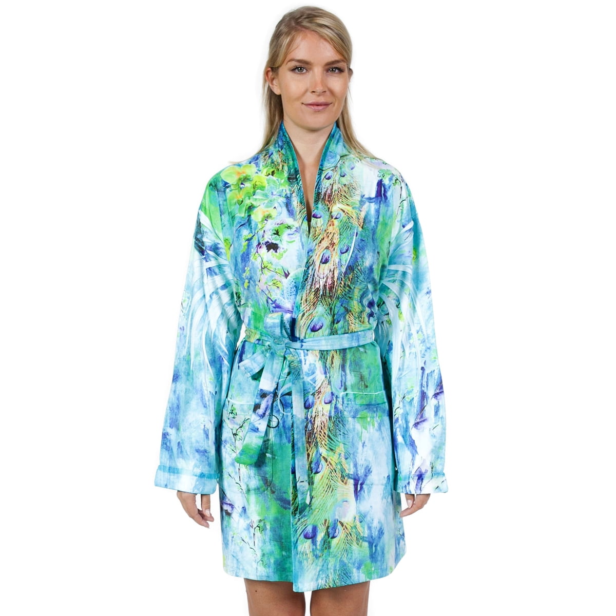 Blue Butterflies Microfiber Short Robe in Pastel Colors Wrap Up by VP