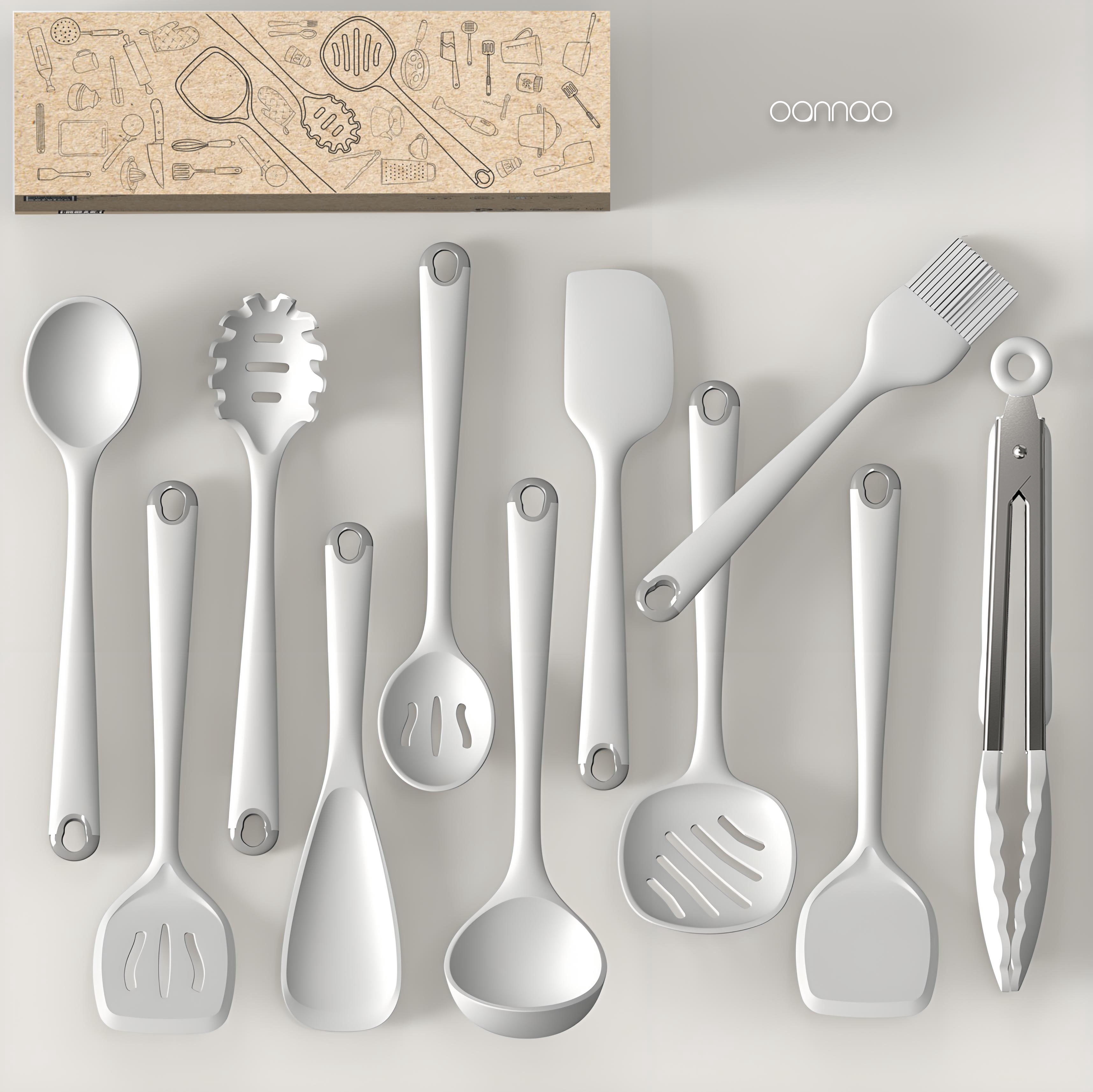 Silicone Kitchen Utensils Set, 600°F Heat Resistant Silicone Cooking Utensils, Spatula, Spoon, Whisk, Tongs, Kitchen Gadgets Tools Sets for Nonstick Cookware, Dishwasher Safe BPA Free (Cream White)