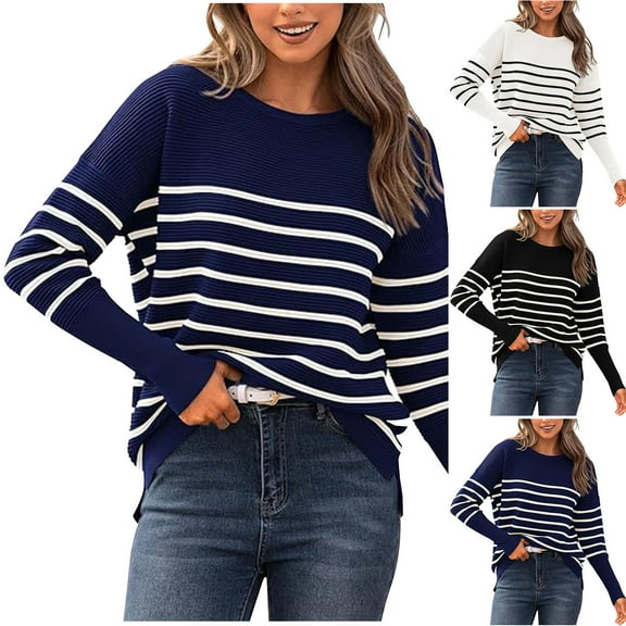 ATOYSOY Women's Retro Striped Pullover Workout Loose Tops Knitted Sweaters Long Sleeve Tees Fall Winter Crew Neck Sweatshirts Outwear Casual Shirts Fashion Black L