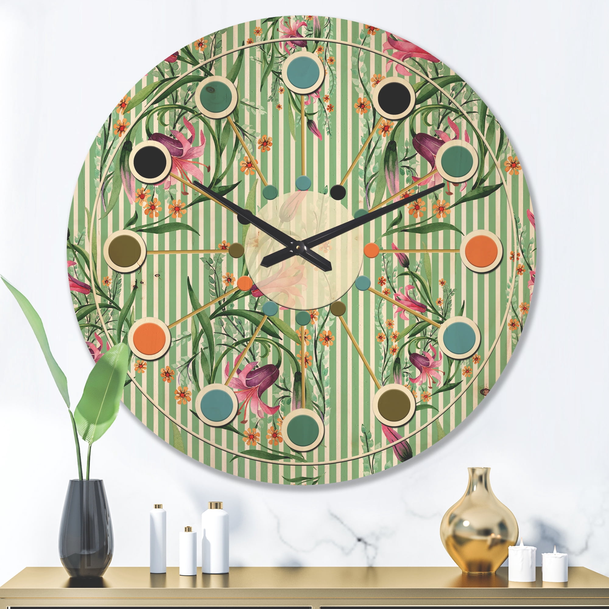 Designart 'Botanical Floral Retro IX' Mid-Century Modern Wood Wall Clock