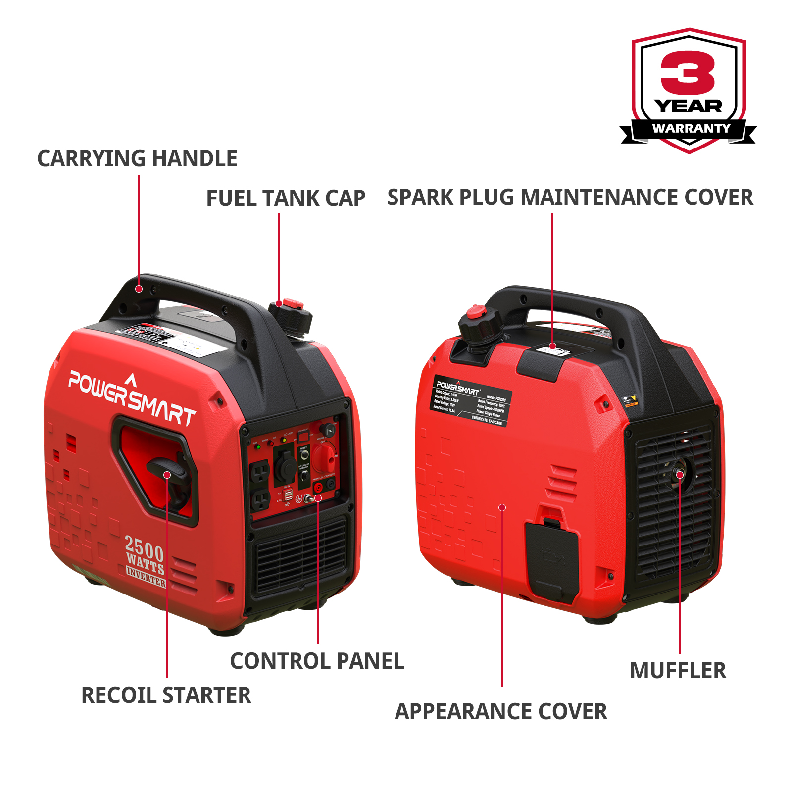 PowerSmart 2500Watt Portable Inverter Gas Powered Generator for Outdoors Camping,Low Noise - image 3 of 6