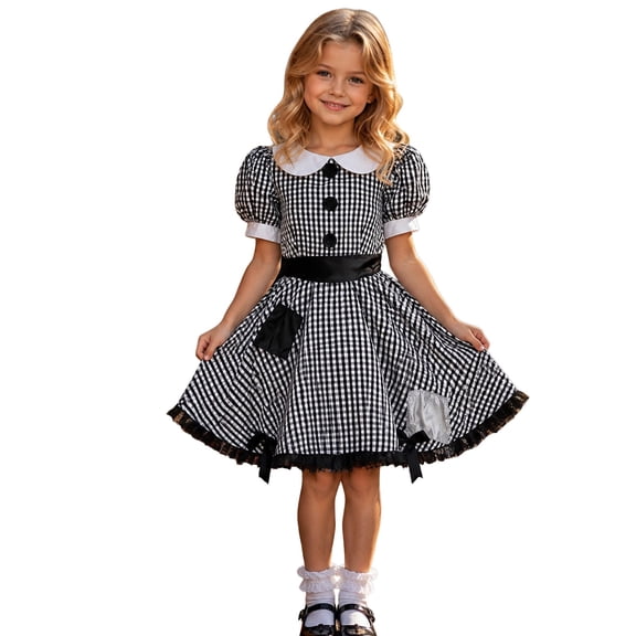 ZHOGXU Halloween Kids Girls Dresses Plaid Puff Short Sleeve Peter Pan Collar Dress Fancy Cute Grown For Theme Party,Black,12-14 years