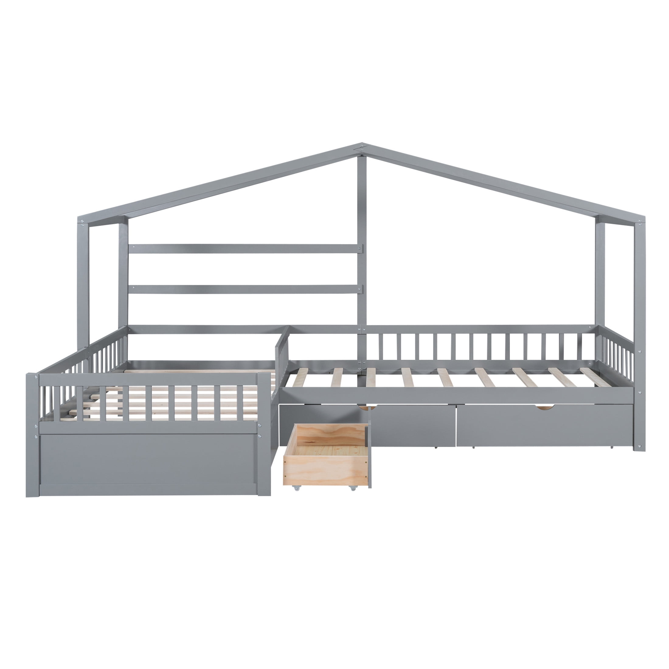 Noble House Yorke Twin Size House Platform Bed with 3 Storage Drawers, L-Shaped Solid Wood Frame, Gray