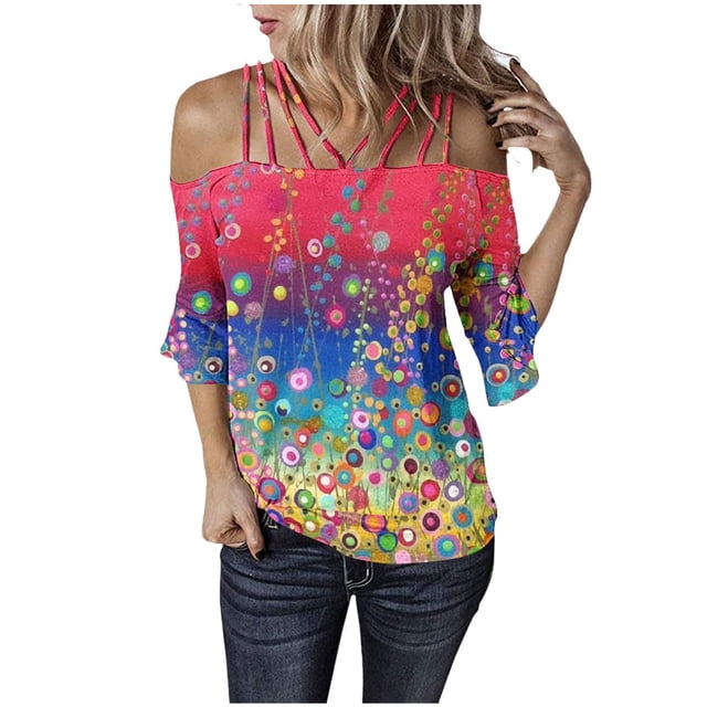 Mujeres sueltas casual 3/4 manga sin tirantes estampado blusa casual camiseta túnica tops Fridja czfsfas1629