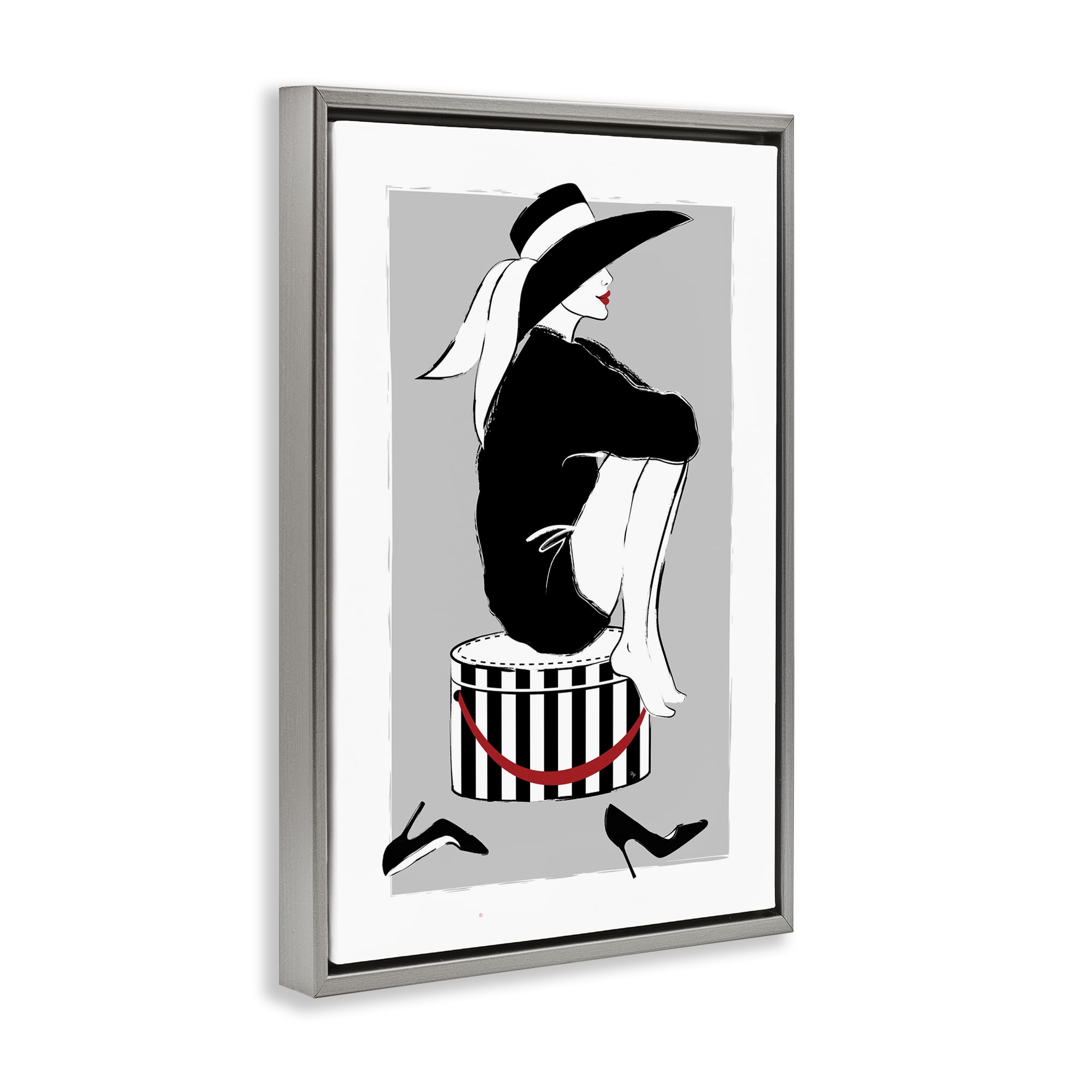 Stupell Industries Sitting On Hat Box Novelty Painting Gray Floater Framed Art Print Wall Art, 17 x 25