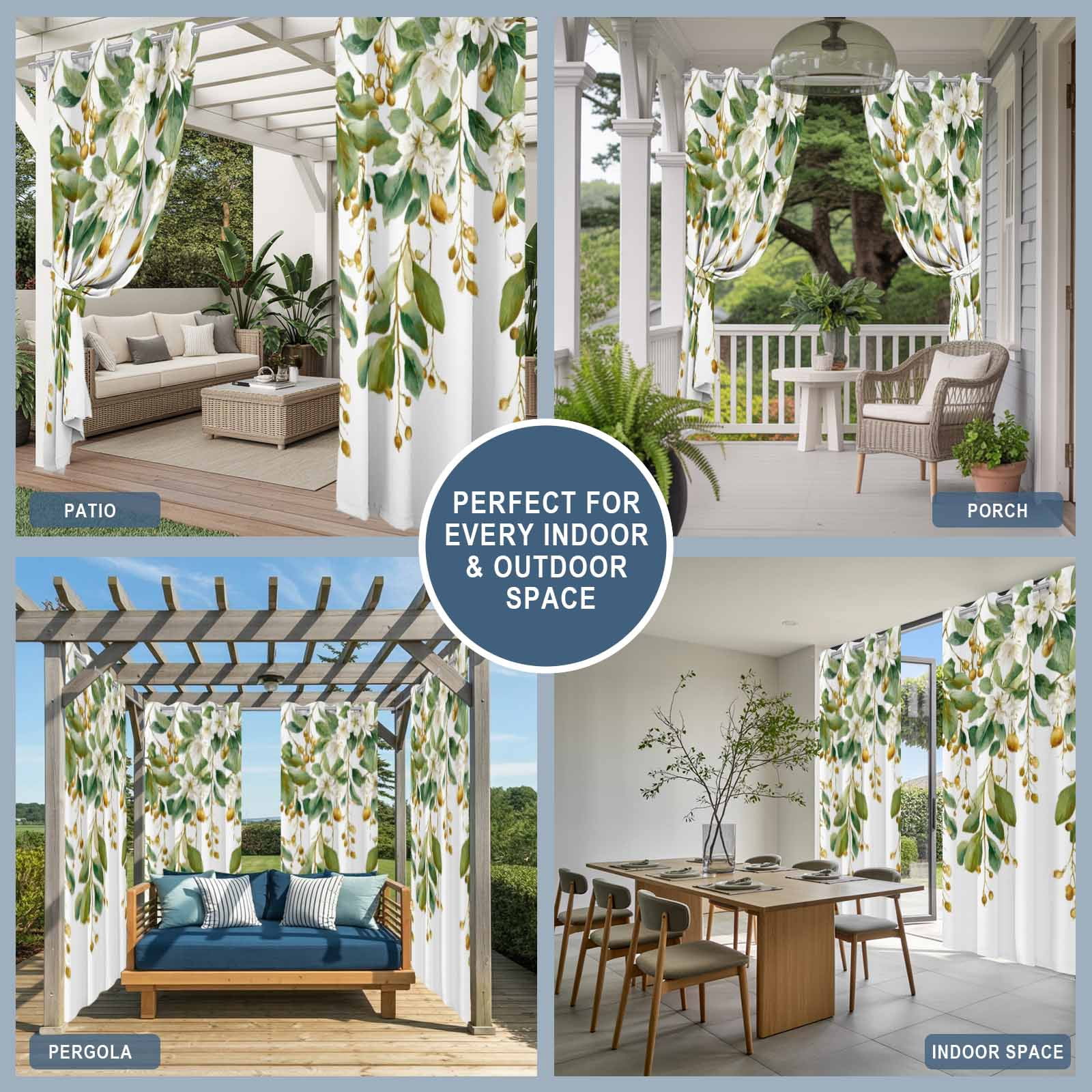 White Floral Vine Outdoor Curtains for Patio, Pastoral Flower Hanging Buds Leaves Botanical Sunshade Privacy Drapes Grommet Waterproof Outside Curtains for Porch/Cabana/Balcony 54"x 108", 1 Panel