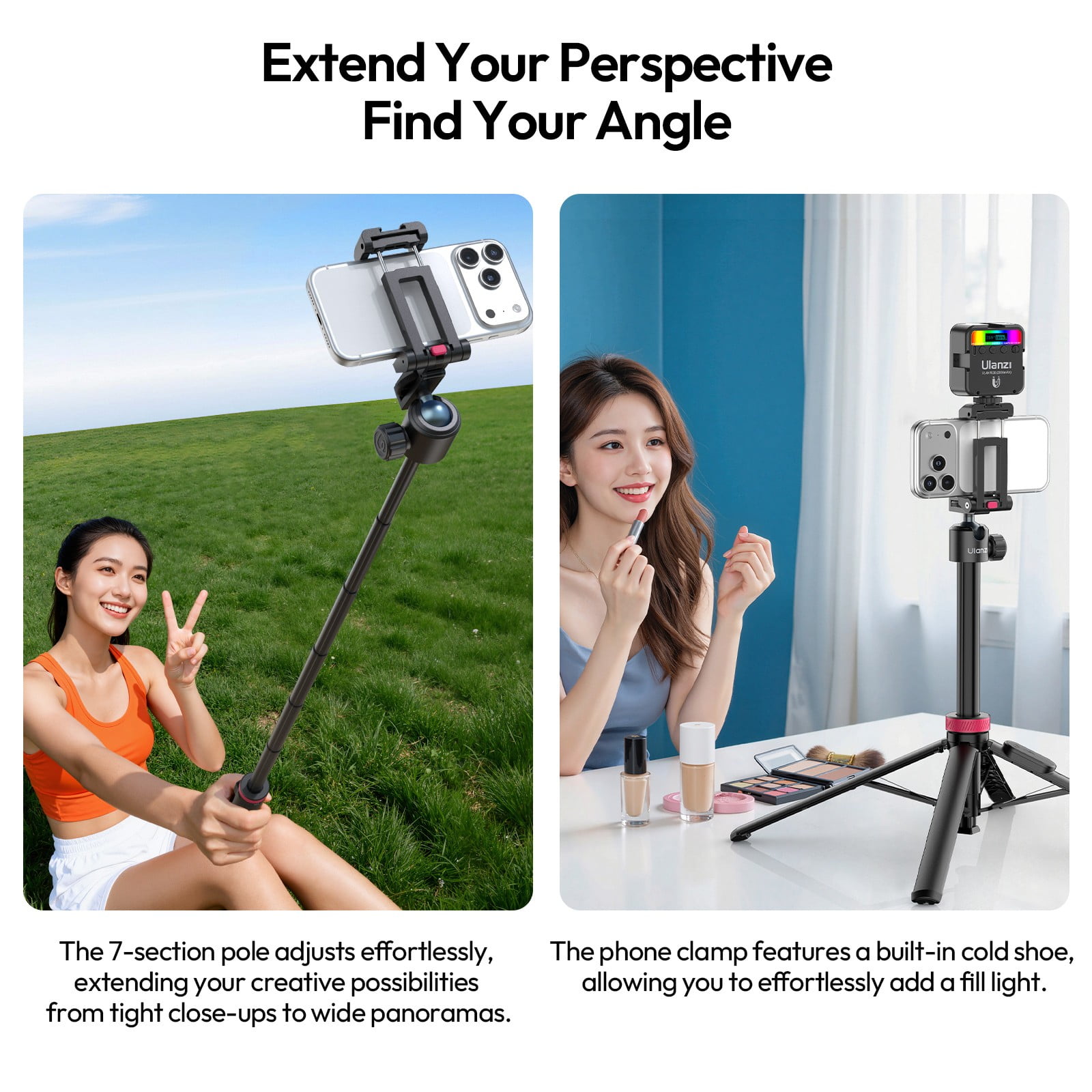 Ulanzi MT-44 B 2-in-1 Selfie Stick Tripod, Auto-Deploy Floor Tripod, 149cm Extendable Pole, Bluetooth Remote, Dual Camera Support for Phone & Mirrorless Cameras