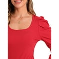 thumbnail image 5 of DARING DIVA Women's Square Neck Puff Long Sleeve Basic Ribbed Tunic Blouse Red L, 5 of 6