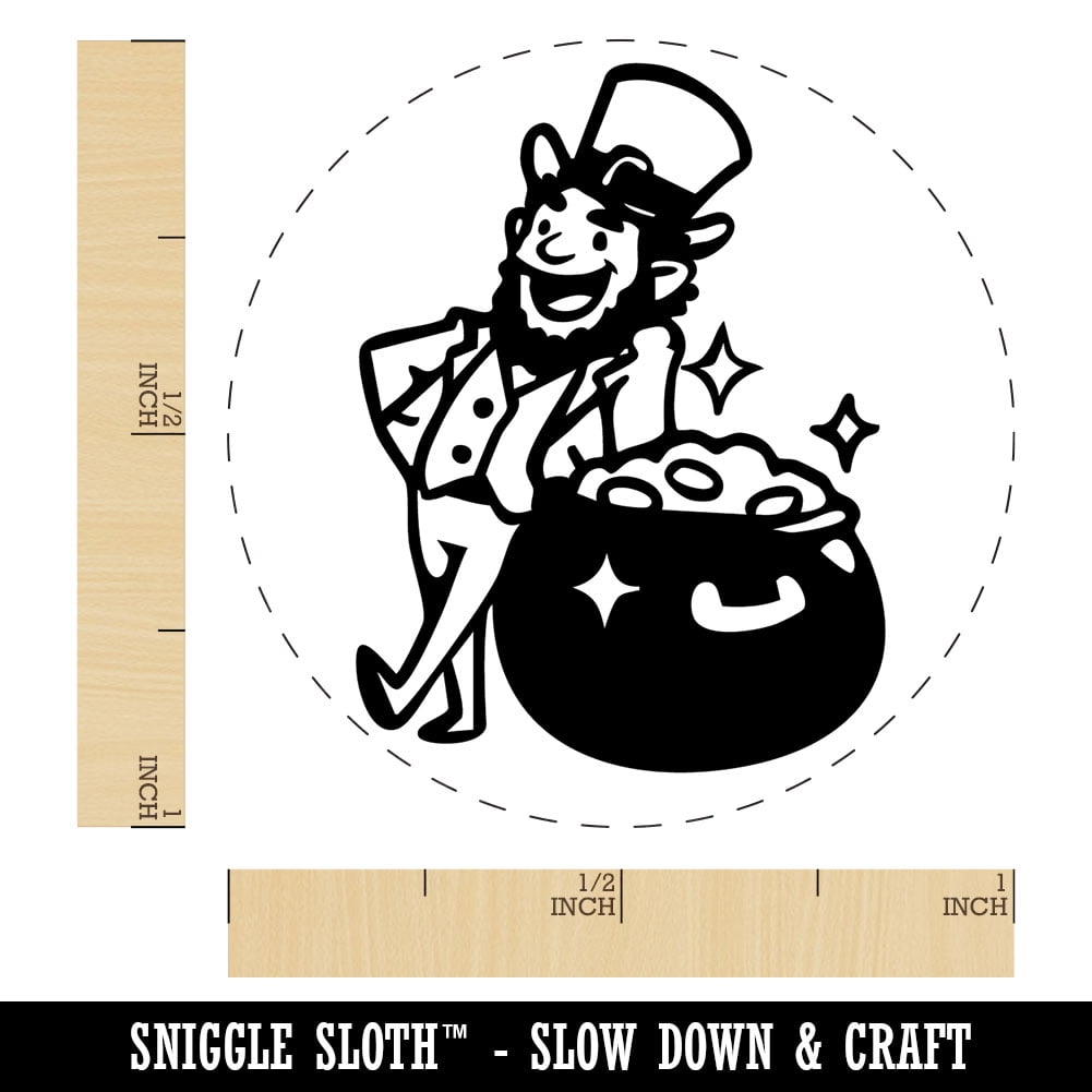 Leprechaun with Pot of Gold Saint Patricks Day Self-Inking Rubber Stamp Ink Stamper - Brown Ink - Medium 1 Inch