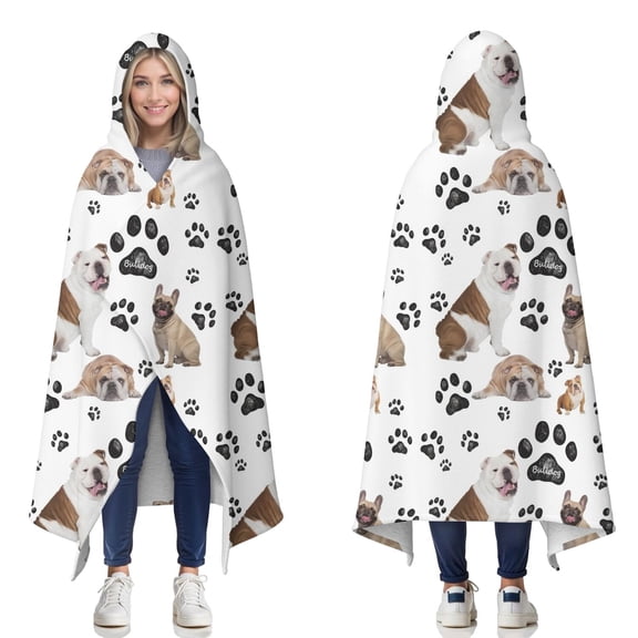 Wearable Blanket,Bulldog Dog and Footprints Hooded Wearable Sherpa Blanket for Adults & Teens,Winter Poncho Shawl Wrap Cape Thick Warm,50"x60"