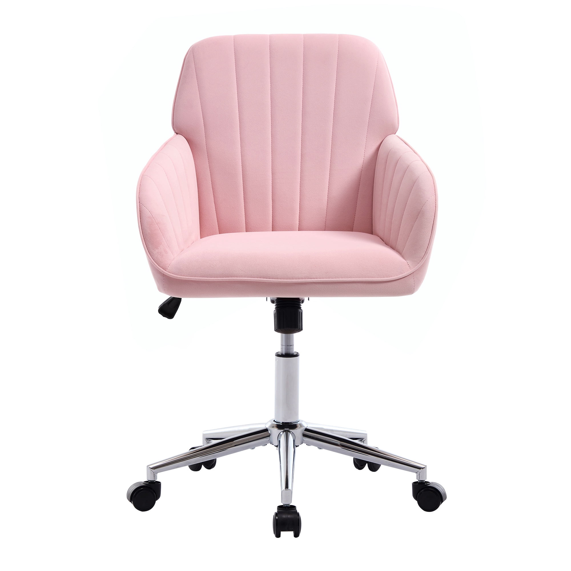 PORKISS Vanity Chair, Swivel Home Office Chair, Ergonomic Desk Chair with Silver Metal Base, Adjustable Height, Velvet Upholstered Task Chair, Baby Pink
