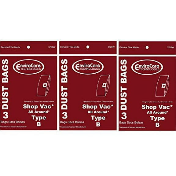 9 ShopVac Type B 2-Gallon Wet/Dry  Shop Vac Vacuum Bags 906-68-00