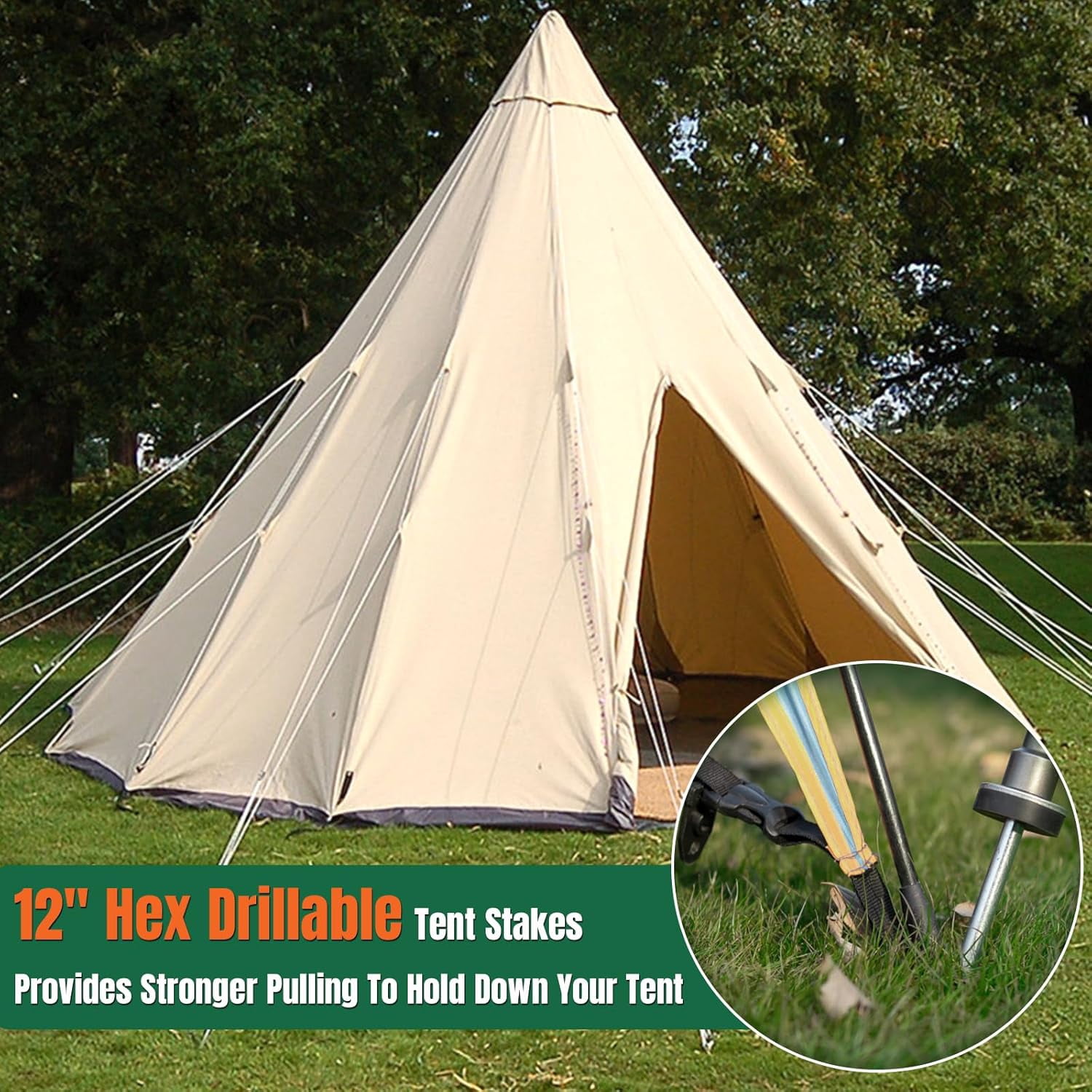 15 Pcs 12 Inch Hex Drillable Tent Stakes Heavy Duty Metal Ground Pegs with Storage Bag for Camping Awnings
