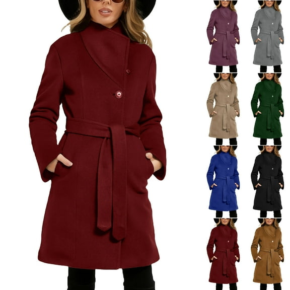 Zedker Trench Coat Womens Pea Coats for Women Thicken Wool Single Breasted Mid-Long Thicken Wool Trench Coat with Belt Green L