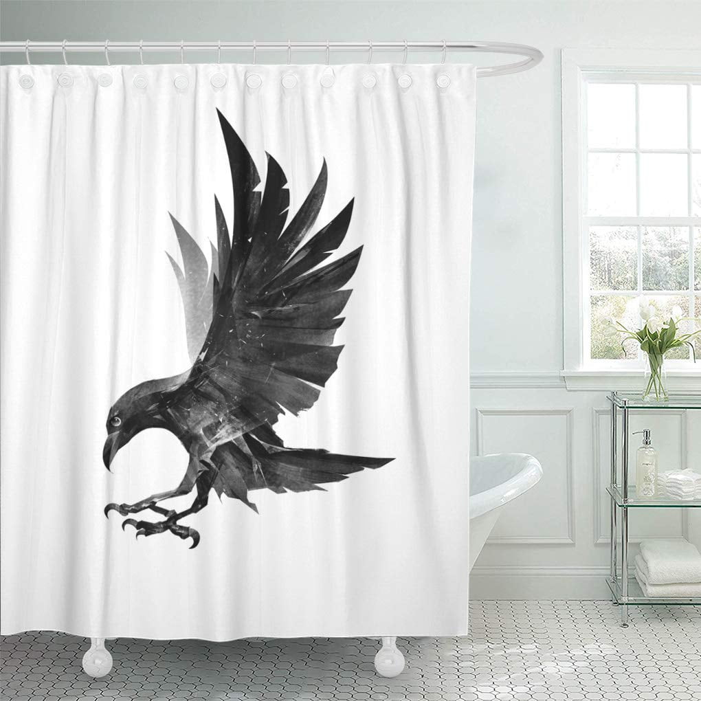CYNLON Crow Drawn Flying Bird Raven Side on Attack Bathroom Decor Bath Shower Curtain 66x72 inch