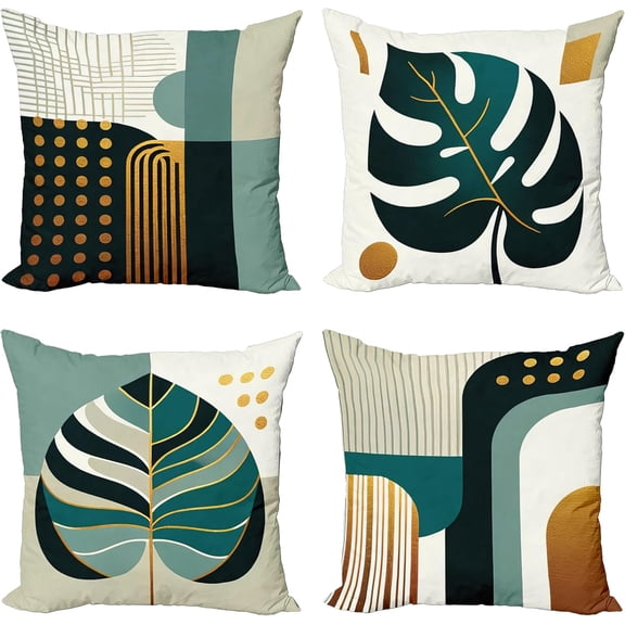 Ryan; Mid Century Geometric Throw Pillow Cushion Cover Set of 4, Modern Monstera Leaf Design with Shapes with Retro Inspirations, Decorative Accent Double-Sided Printing, 18", Dark Teal Orange