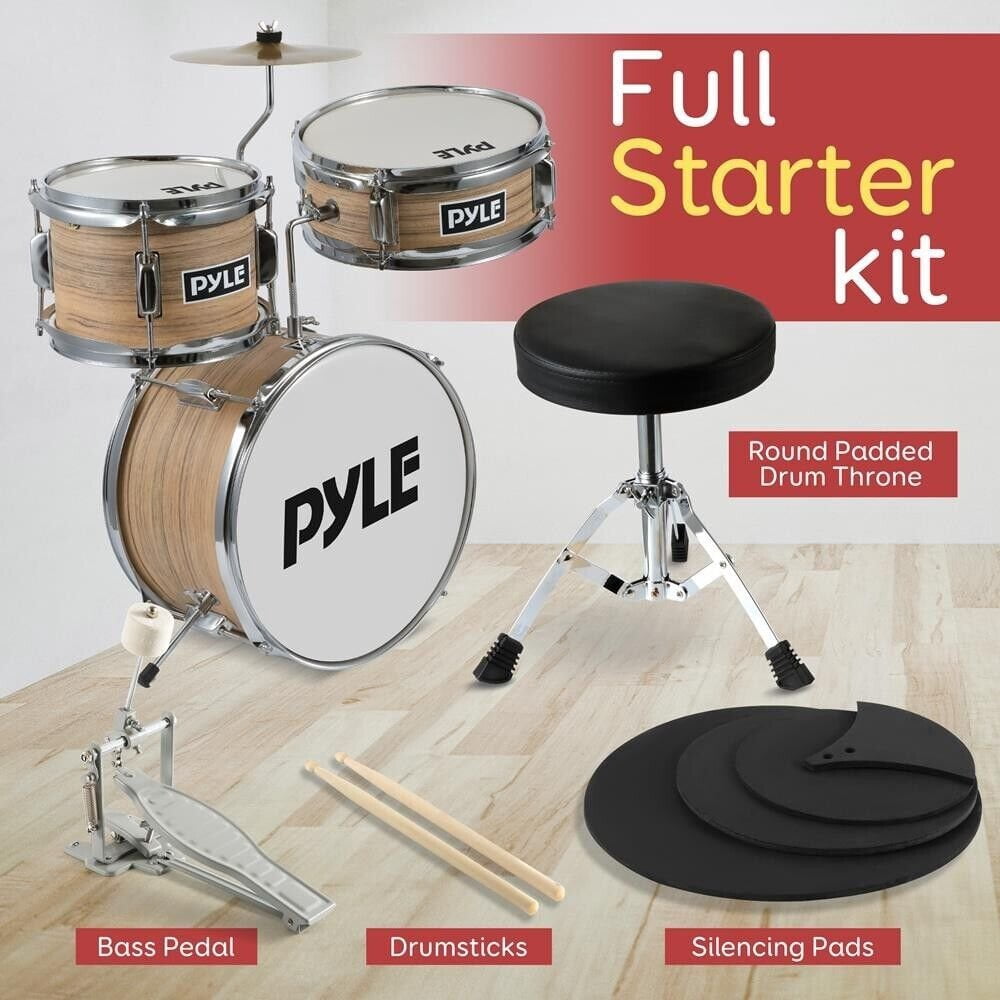 Pyle Set Ages 5-12-3 Piece Beginner Kids Drum Silencing Pads 13" Complete Junior Drummer Kit with Wooden Shells.