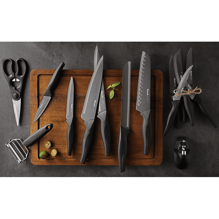 BRANIK 6Pc Black Kitchen Knife Set with Protective Sheaths & box