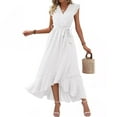 thumbnail image 3 of Lovzfmll Women's Summer Lightweight Floral Dress Wrap V Neck Casual Solid Color Bubble Embroidered Lace Cuffs Comfortable Short Sleeve Belted Ruffle A-Line Flowy Maxi Dresses White L, 3 of 6