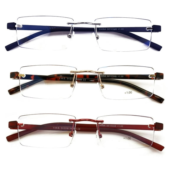 3 Pairs Lightweight Full Rimless Reading Glasses Metal with Flexible Temple - Rectangular Anti Blue Blocker Reader Clear Lens 0.00