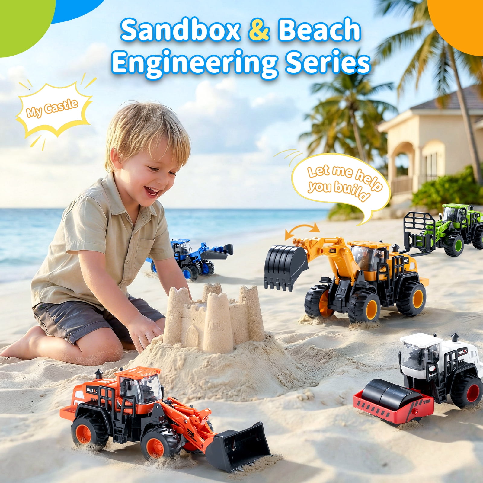 Dimoarch Construction Trucks Toys for Boys 3 4 5 6 Years Old, Kids Friction Powered Trucks Vehicles Sandbox Beach Excavator Toys for Boys, Birthday Gift for Toddlers