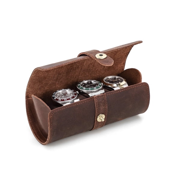 Hiram Crazy Horse Leather Watch Case, 3-Slot Roll for Watches and Bracelets, Dark Brown