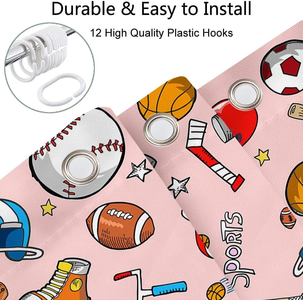 Sports Shower Curtain for Kids Children Teens, Basketball Football Baseball Hockey Star Pink Shower Curtain Sports Bathroom Decor, Fabric Baseball Shower Curtain Set with Hooks (72X84), Pink