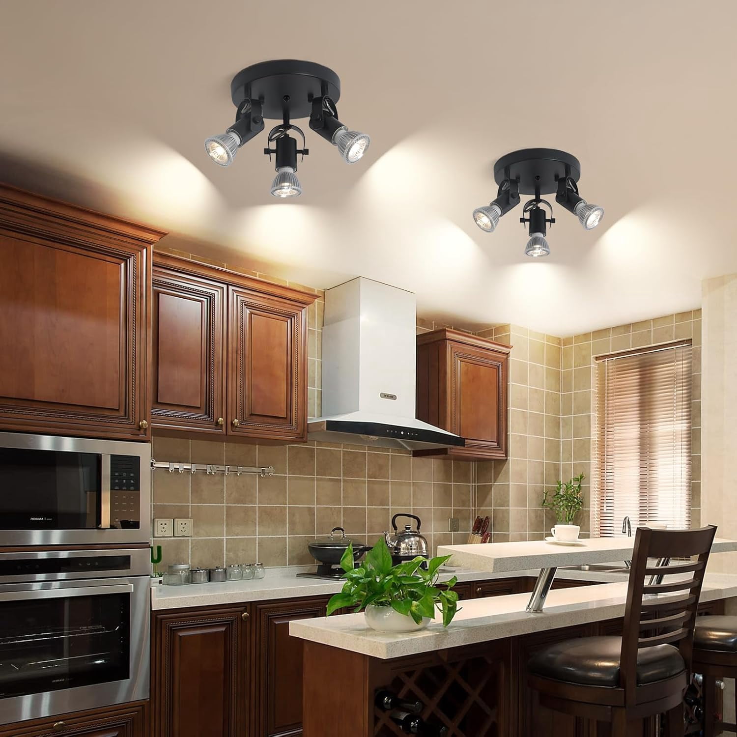 3-Light Flush Mount Ceiling Spotlight，Multi-Directional Track Lighting Fixtures Ceiling with Open No Shade Design, Black Kitchen Light for Island, Sink,Dining Room, Hallway (E26, Bulb Not Included)