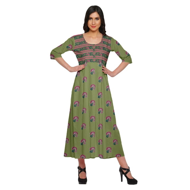 Moomaya Haut Indien Imprimé Robe Kurti Longue Tunique à Manches 3/4 Robes pour Femmes