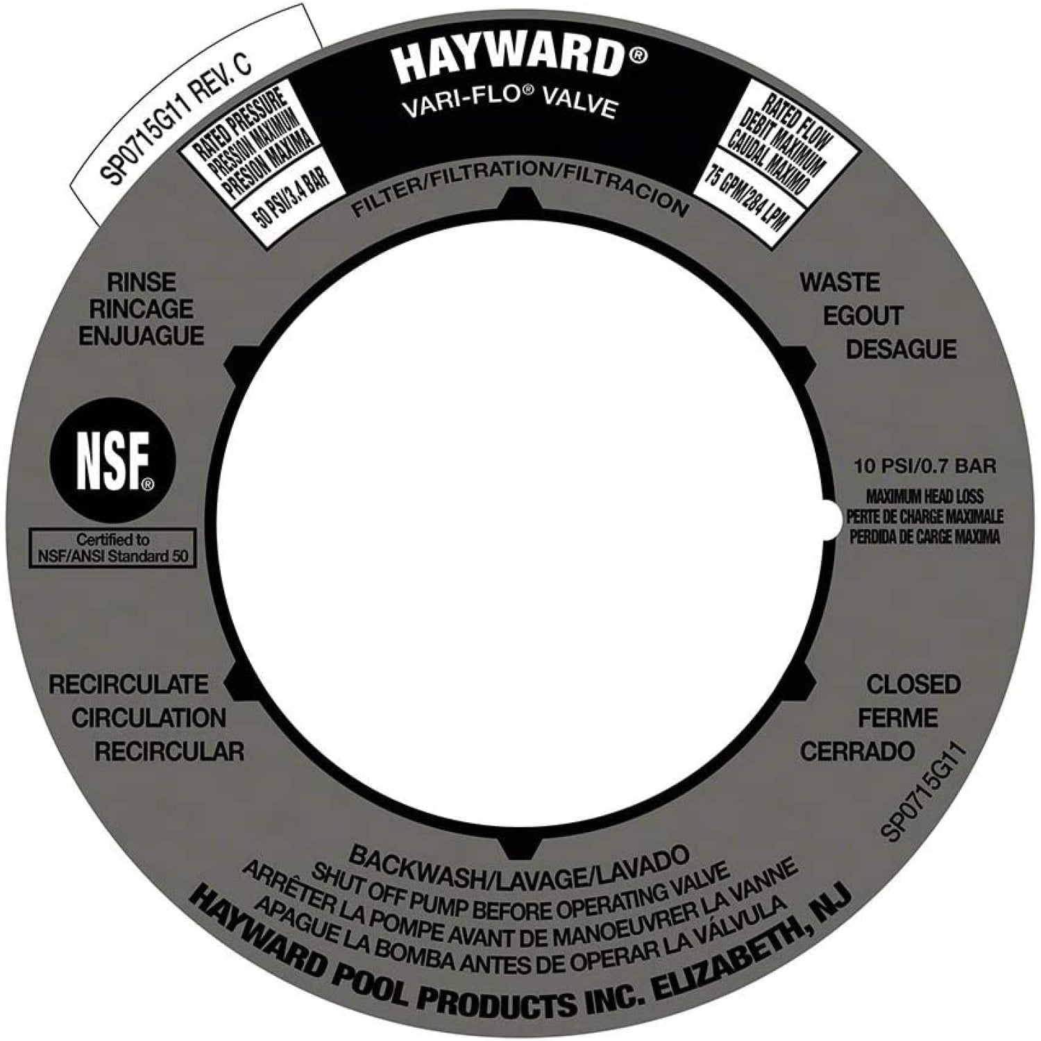 Hayward Sand Filter pp Label Plate Sticker SPX0715G