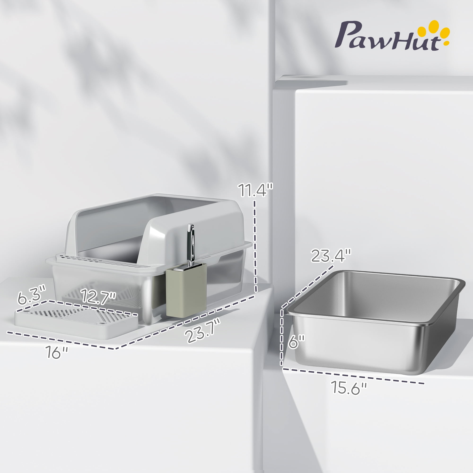 PawHut Stainless Steel Litter Box, Metal Litter Box High Sided, Anti-Urine Leakage, Non-Sticky, with Metal Scoop & Scoop Holder, 24" x 16" x 11"