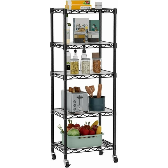 Small 5 Tier Shelves Storage Wire Shelving Unit Metal Shelf Adjustable Organizers Storage Shelving with Wheels for Bathroom Laundry Room Kitchen Pantry12”D x 18”W x 57.2”H Black
