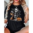 thumbnail image 1 of [Relaxed Comfort] Women's Halloween Skeleton & Pumpkin Graphic T-Shirt - Casual Crew Neck, Short Sleeve, Stretchy Polyester Blend, Machine Washable, Festive Summer Top, 1 of 6
