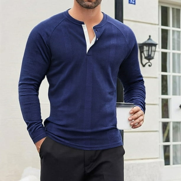 pstuiky manga larga para hombre, Blusa/camisa informal y moderna de color liso con cuello redondo y botones en bloques de color para hombre top de hombre m